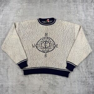Sears Sweater Mens Medium Cream Compass Graphic Nautical Vintage 80s Knit